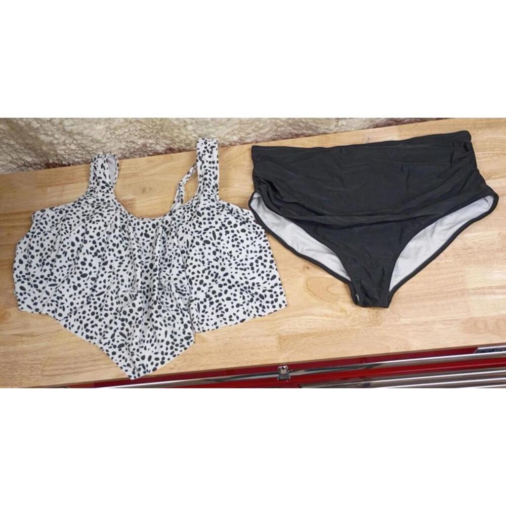 Edelqual Tankini for Women Plus Size Tummy Control Bathing Suit Black /White 2XL